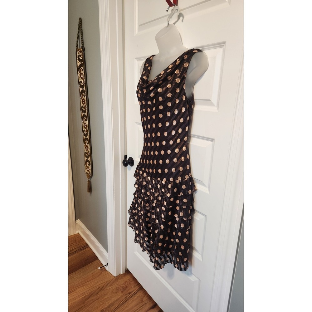 Vtg Joseph Ribkoff Size 8 Brown Polka Dot Sheath Dress Tiered Ruffles Cowl Neck - Picture 3 of 11